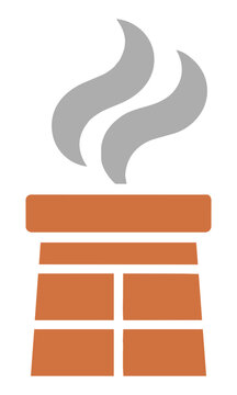 Minimalist graphic of a geometric brick chimney with a rising plume of steam in terracotta and grey on a white background, industrial architecture concept