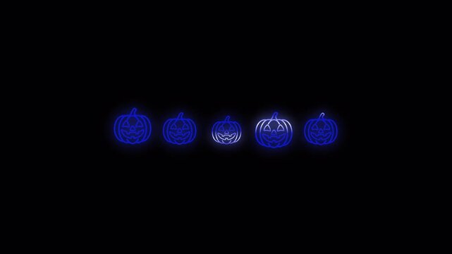 Five glowing blue neon pumpkins with scary faces lined up in a row isolated on a  overlay background perfect for halloween party design
