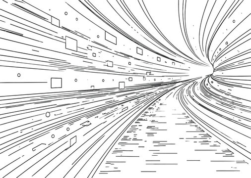 Linear perspective drawing depicts a tunnel converging toward a vanishing point creating a sense of depth