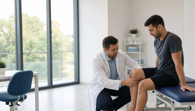 Orthopedic doctor examining a male patient knee sitting on an examination couch in a modern medical clinic with physical therapy joint pain sports medicine physiotherapy clinic inter