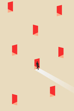 Business opportunity or career success vector concept with man choose the red door. Symbol of courage, ambition, having a goal, inspiration