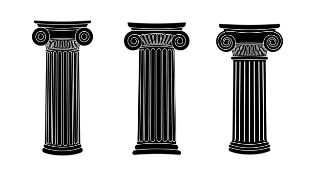 Ancient greek columns with ionic capitals are depicted as black silhouettes