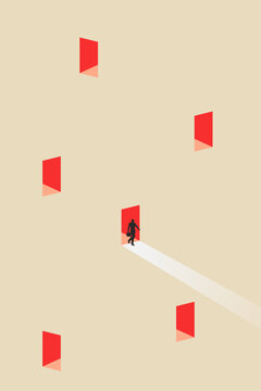Business opportunity or career success vector concept with man choose the red door. Symbol of courage, ambition, having a goal, inspiration