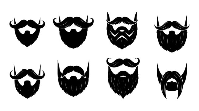 Collection of black silhouette beard and mustache shapes on white background
