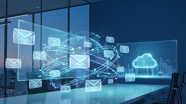 Digital email icons and communication network graphic floating over office desk with digital mail