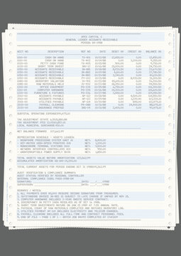 Vintage continuous feed dot matrix printer paper pile with side perforations and retro accounting text printed in authentic pixelated font. Classic 80s 90s office financial document.