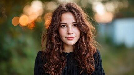 Fototapeta premium This image features a young woman with beautiful curly hair, standing outdoors in a natural setting, exuding confidence and warmth against a softly blurred background.
