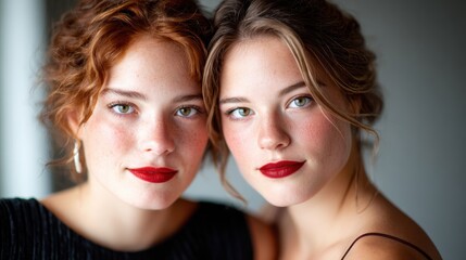 Fototapeta premium Two beautiful twin sisters, sharing a close moment and showcasing their natural beauty with captivating green eyes and radiant smiles in a soft-focused portrait.
