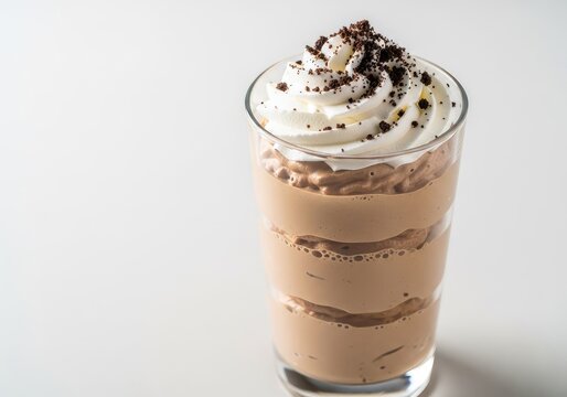 A rich and airy mocha coffee mousse served in a clear glass, topped with clouds of fresh whipped cream and dark chocolate cookie crumbs, chilled, topping, morning
