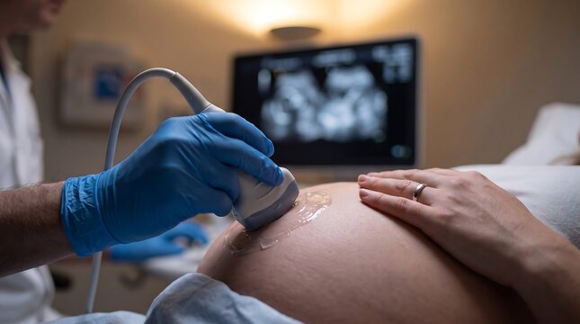 Pregnant woman receiving prenatal ultrasound scan from professional doctor in clinic for medical health checkup
