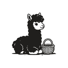 Naklejka premium Cute black llama sitting down next to a woven basket graphic with a charming gra