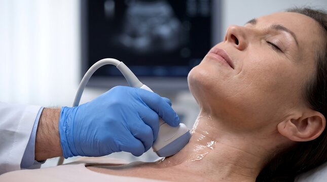 Professional doctor performing a medical thyroid ultrasound scan on a female patient in a modern diagnostic clinic