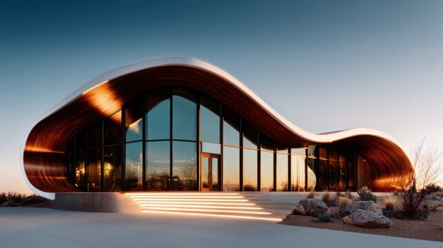 A stunning view of a modern house featuring curved architecture set against a sunset backdrop, illustrating innovative design and harmonization with the natural environment.