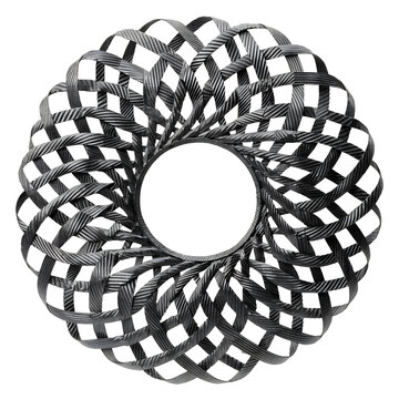 Intricate black woven circular lattice design isolated on white.