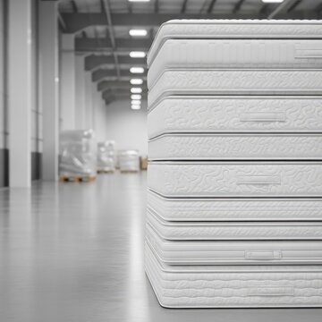 A stack of comfortable white mattresses with textured fabric layers waiting in a clean distribution center for local residential transport, cushioned, logistics, service