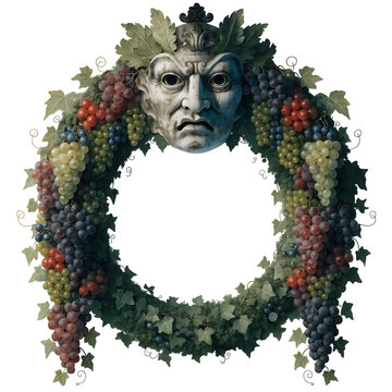 Classical Stone Mask and Grape Vine Wreath Frame Isolated on White