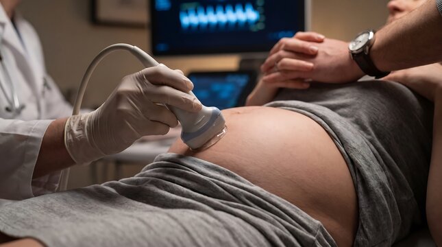 Professional medical doctor performing a pregnancy ultrasound diagnostic exam on a pregnant woman in a clinic hospital setting