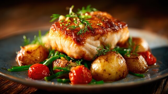 A beautifully plated gourmet dish featuring grilled salmon with colorful vegetables, showcasing culinary art in a warm, inviting setting that tempts the palate.