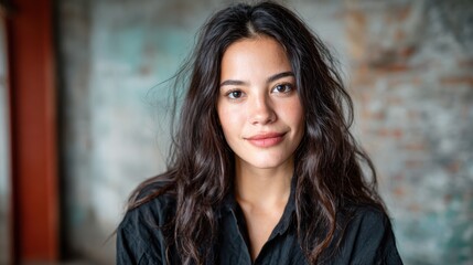Obraz premium This image captures the serene beauty of a young woman with long hair and a natural appearance, evoking authenticity and confidence in a stylish setting.