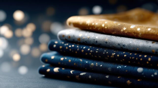 A close-up of neatly folded fabrics displaying various shiny patterns, creating a visually striking composition against a blurred dark background, emphasizing texture.