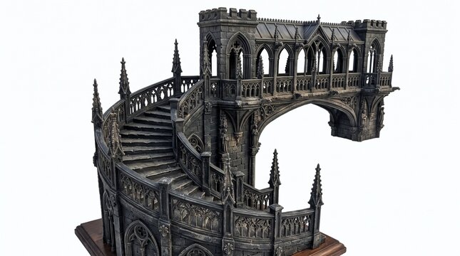 Detailed miniature gothic staircase model with intricate stonework and medieval architecture