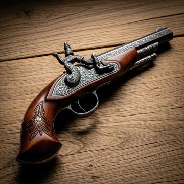 An antique wooden handled handgun with an ornate metal trigger and barrel lying on a weathered surface with soft lighting for a moody look, rustic, weaponry, handgun