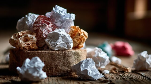 A collection of crumpled papers in a woven basket rests on a rustic wooden floor, representing creativity, brainstorming, and the process of thinking outside the box in a charming composition.