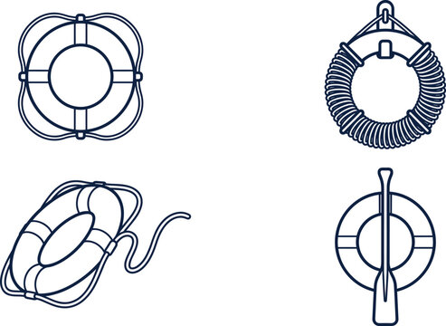 Maritime Lifebuoy Ring Set with Life Preserver Safe Cushion and Boat Paddle Symbols Line Art Vector