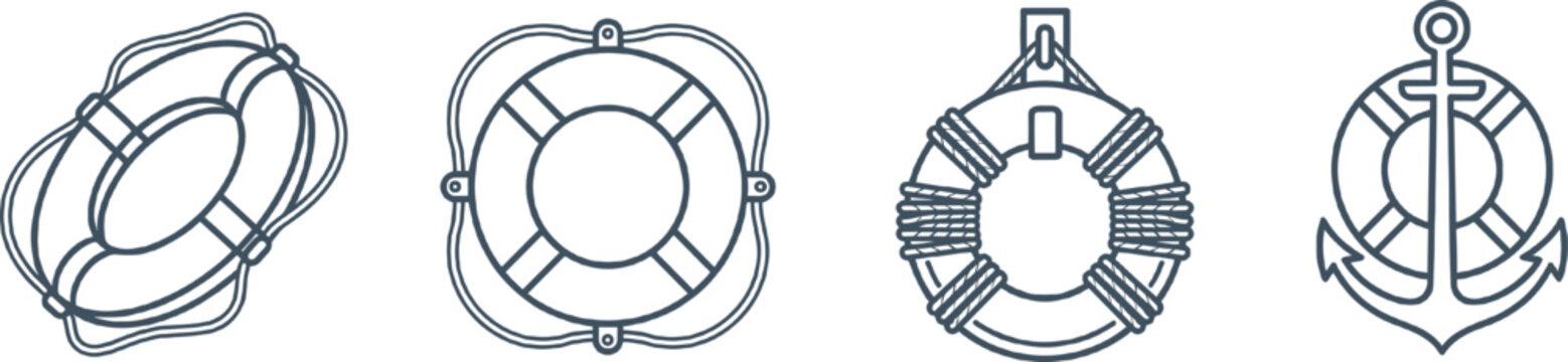 Nautical Maritime Lifebuoy Ring and Ship Anchor Icon Set for Marine Safety and Sea Rescue Line Art Vector