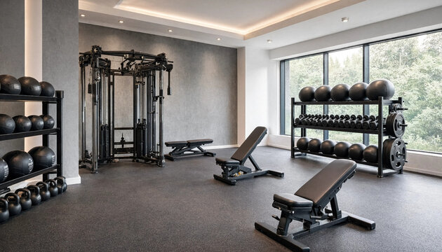Spacious modern fitness gym featuring weight racks and exercise machines equipment dumbbells training interior exercise athletic facility strength wellness bodybuilding lifestyle