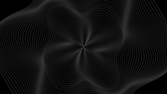 Abstract dark background with flowing digital wavy lines forming a circular tunnel pattern in monochrome grey and black colors