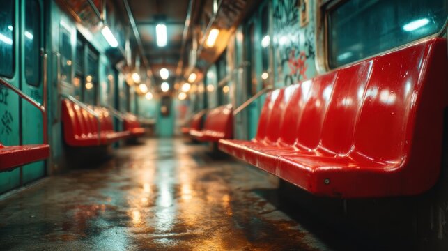 An empty subway train compartment with red benches reflects an eerie yet artistic ambiance, showcasing isolation and the memories of journeys taken within the urban landscape.