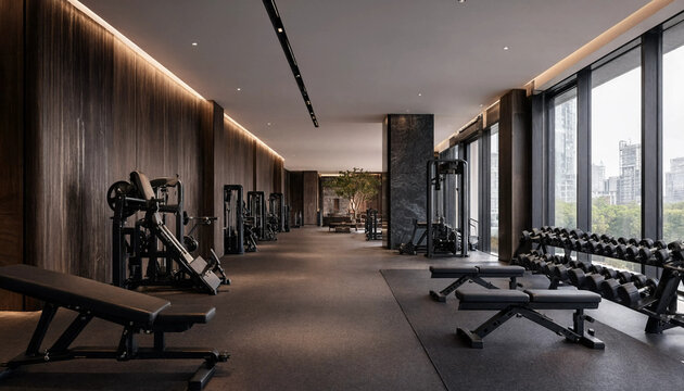 Luxury hotel gym interior with modern fitness equipment dumbbells and weight benches dumbbells rack workout room strength training health club fitness studio workout space interior