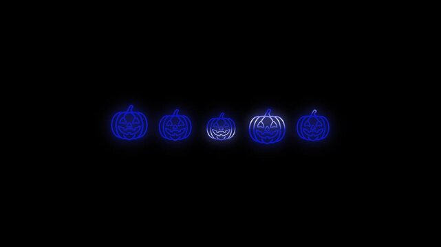 Five glowing blue neon pumpkin jack o lantern faces set in a line isolated on a solid dark black background for halloween party celebration design