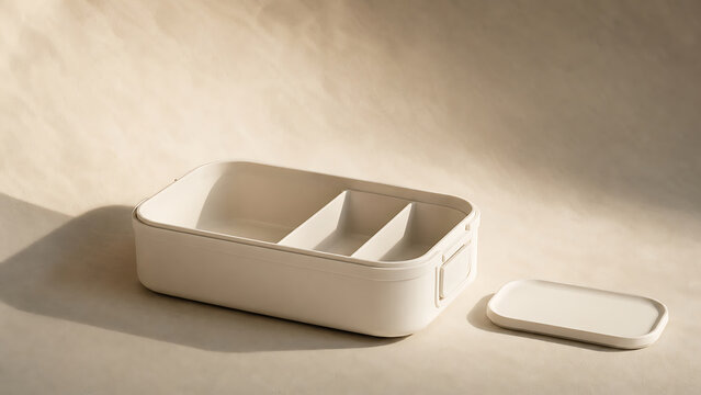 A beige rectangular bento box with internal dividers and a separate lid placed on a textured neutral surface with soft directional lighting