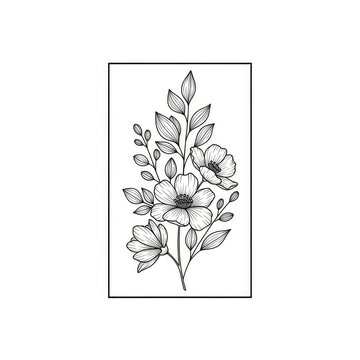 Elegant black botanical line art depicting delicate flowers and leaves arranged within a minimalist rectangular frame on a white surface, simple, creative, outline