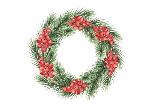 Elegant Christmas wreath illustration in watercolor style with red berries and pine branches as a lossless scalable vector on white, decoration, holiday, scalable