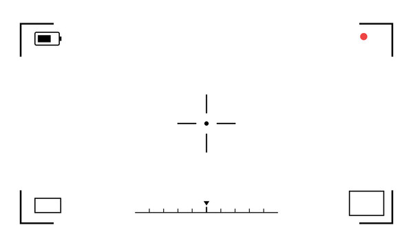 Camera viewfinder overlay with battery indicator, recording dot, focus reticle, and exposure meter isolated on white isolated on transparent background