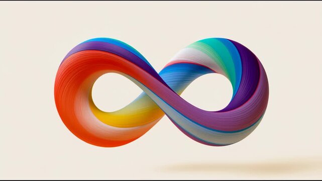 Four frames show a clay render matte infinity loop moving through colors and shapes. The visual explores motion and design in a simple manner.