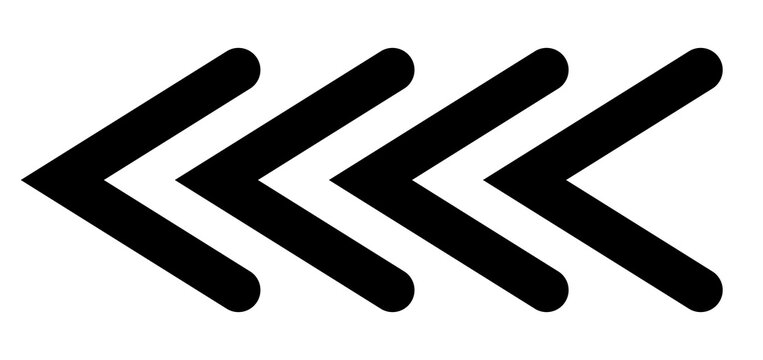 Set of four black chevron arrows pointing left isolated on transparent background