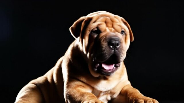 Adorable Shar Pei Puppy Yawning and Looking Around Against a Black Background, Cute Dog Portrait
