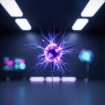 Intricate glowing neural cells with electric impulses suspended in a futuristic research facility, featuring deep blue and violet colors, anatomy, technology, violet