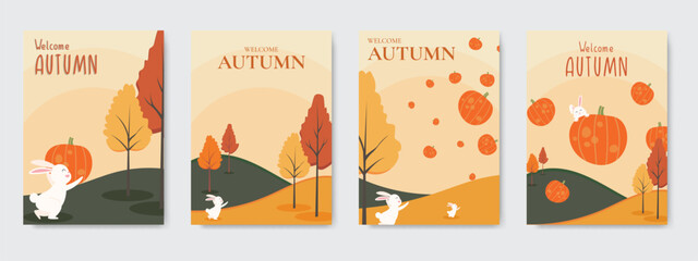 Fototapeta premium Autumn Landscape Poster Set Cute Bunny Pumpkin Cover Template