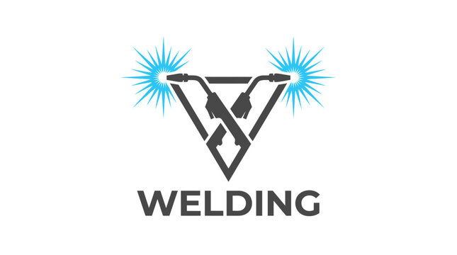 Welding equipment logo design featuring industrial tools arranged in a sharp triangle with glowing bright sparks