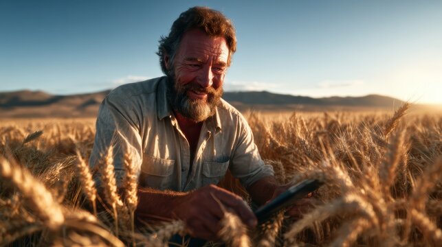 A cheerful farmer with a beard smiles while using a tablet amidst a golden wheat field, symbolizing the fusion of technology and agriculture in today's world.