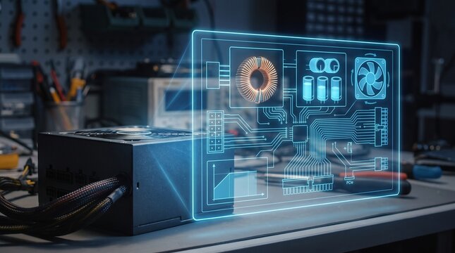 Modular computer power supply unit features an interactive glowing blue digital blueprint interface displaying internal circuit board components with precise technical schematics and detailed hardware