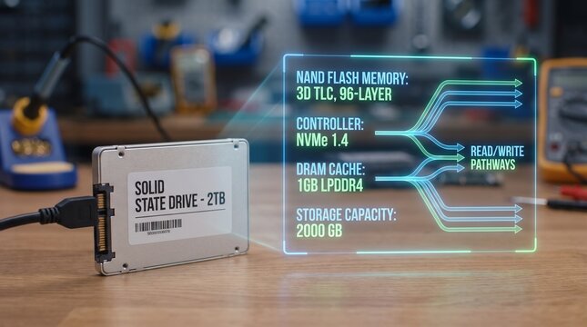 Silver solid state drive displays technical storage specifications and holographic data read write pathways projected in glowing blue light upon a clean rustic wooden workshop desk