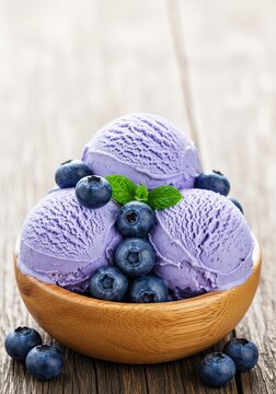 Three rounded scoops of creamy blueberry ice cream served in a bowl, topped with fresh ripe berries on a rustic wooden table background, seasonal, blueberry, topping