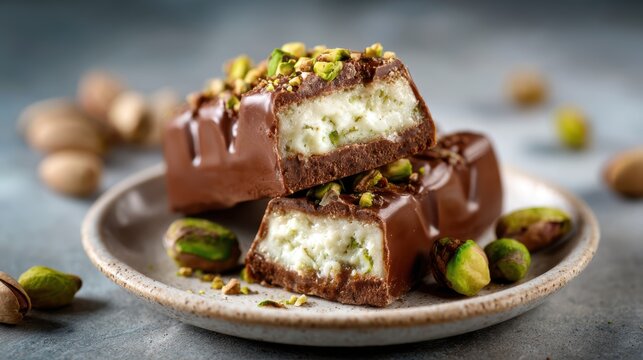 An exquisite chocolate bar filled with creamy layers and topped with crunchy pistachios, representing indulgence and the perfect treat for chocolate lovers wanting something unique.