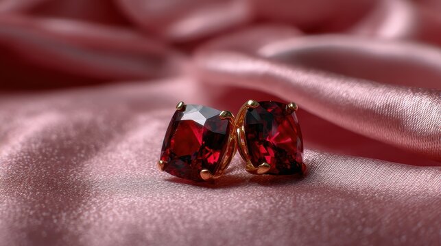 Stunning ruby earrings set on luxurious pink satin create a rich and elegant display, perfect for showcasing refined jewelry in a visually appealing manner.